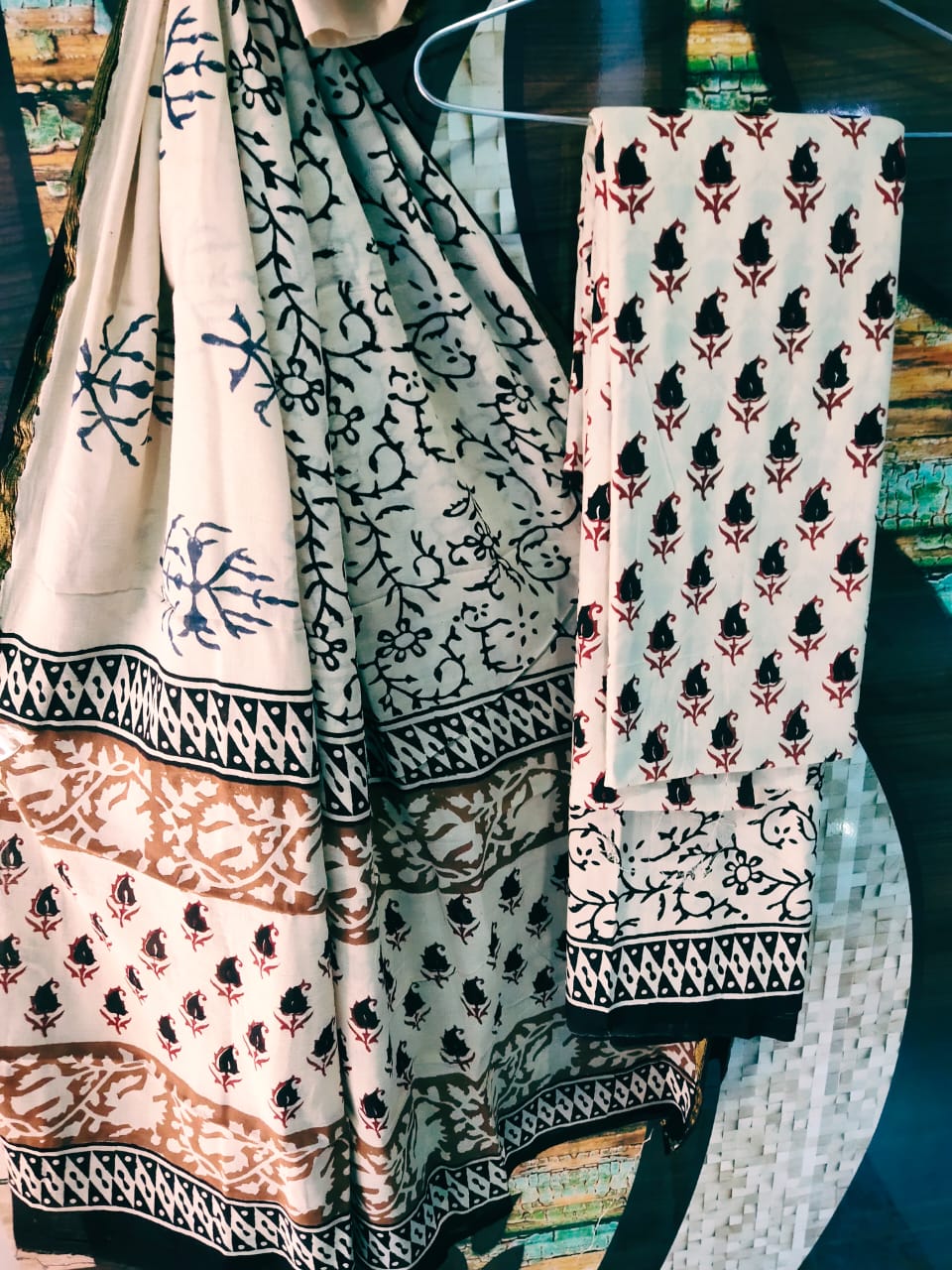 Handblock Printed Cotton Zari Border Salwar Suit Set With Cotton/Mulmul Dupatta - JBXZBS28