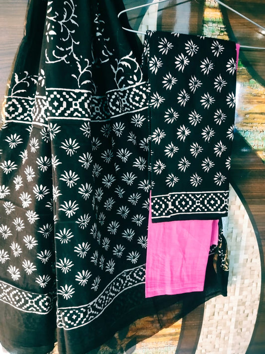 Cotton Handblock Printed Zari Border Salwar Suit Set With Cotton/Mulmul Dupatta - JBXZBS25