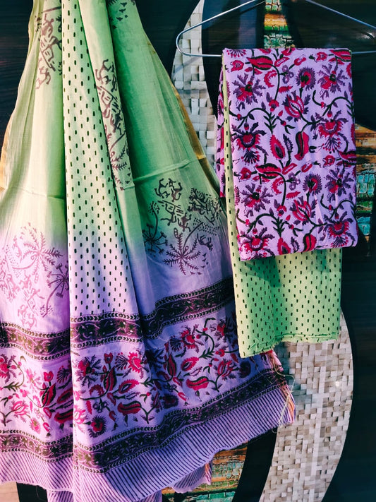 Handblock Printed Cotton Zari Border Salwar Suit Set With Cotton/Mulmul Dupatta - JBXZBS24