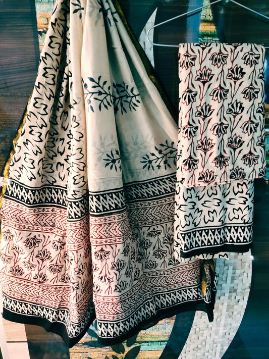 Handblock Cotton Zari Border Salwar Suit Set With Cotton/Mulmul Dupatta - JBXZBS20