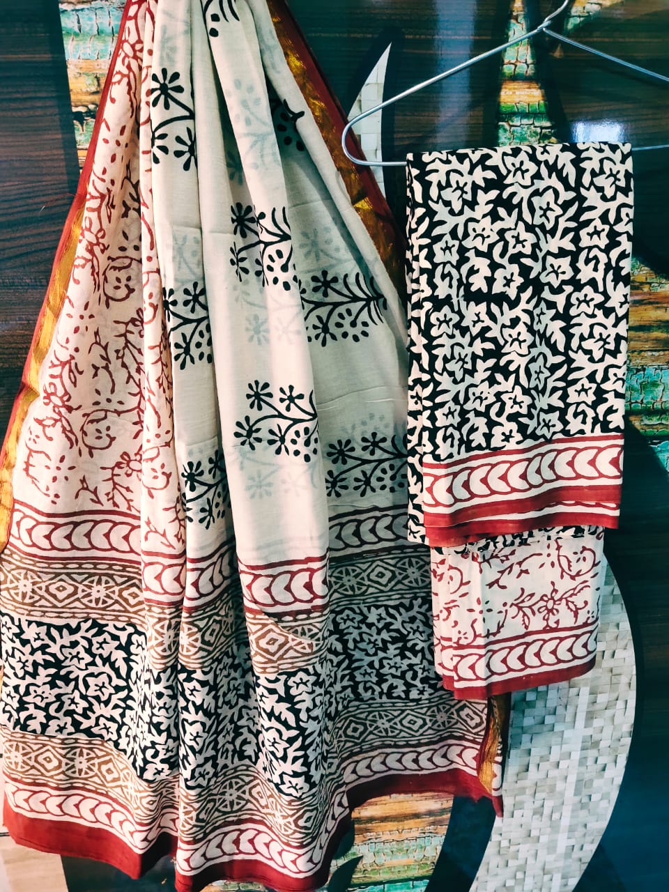 Handblock Cotton Zari Border Salwar Suit Set With Cotton/Mulmul Dupatta - JBXZBS06