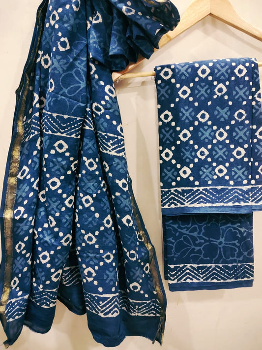 Handblock Salwar Suit Set With Zari Border Cotton/Mulmul Dupatta - JBXZBS03