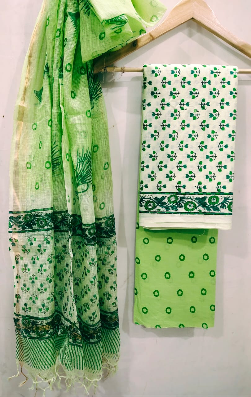 Small Green Buti White Kota Doriya Suits with Zari Border Dupatta - JBXKD12