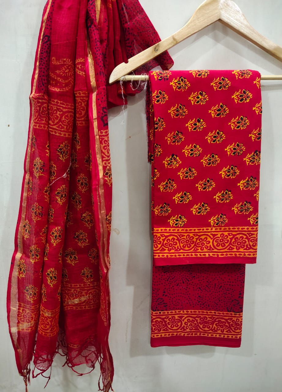 Orange & Red Shaded Discharged Print Small Floral Buti Cotton Suits with Kota Doriya Zari Border Dupatta - JBXKD09