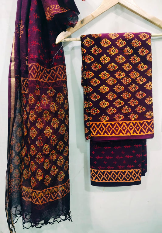 Maroon Small Buti Discharged Print Kota Doriya Suits with Zari Border Dupatta - JBXKD07