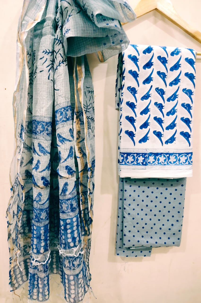 White & Blue Parrot Print Hand Block Indigo Print Kota Doriya Suits with Zari Border Dupatta - JBXKD06