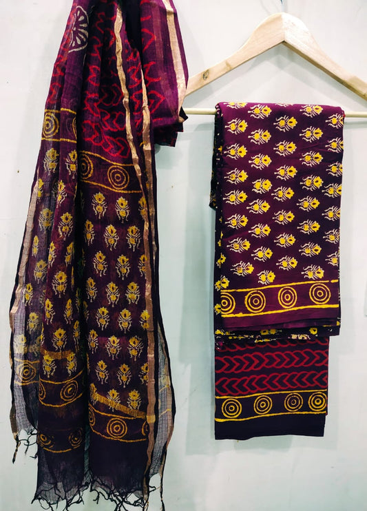 Maroon Discharged Small Buti Hand Block Printed cotton Suit and Kota Doriya Dupatta - JBXKD03