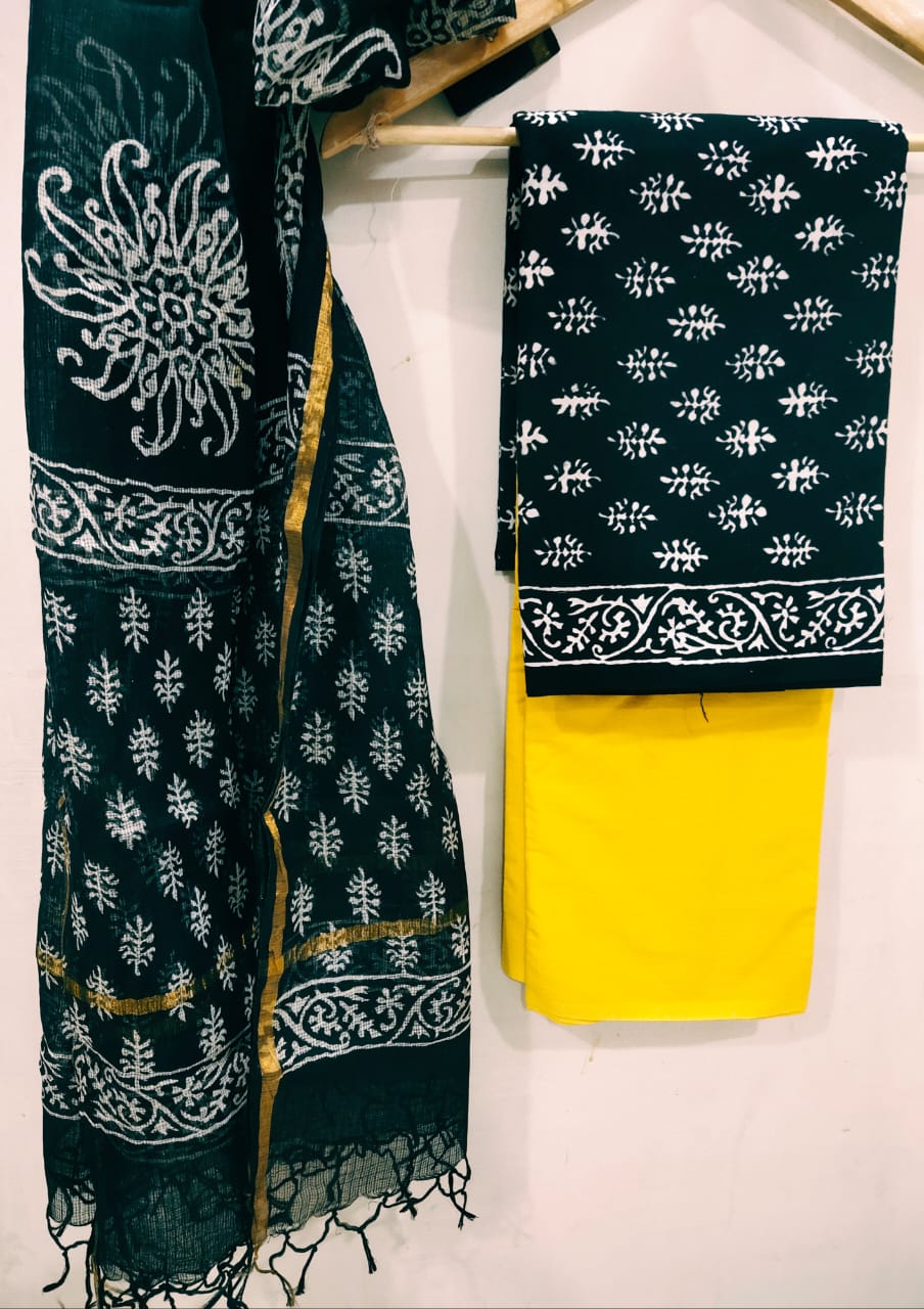 White Small Buti Prints on Black Kota Doriya Suits with Zari Border Dupatta - JBXKD14