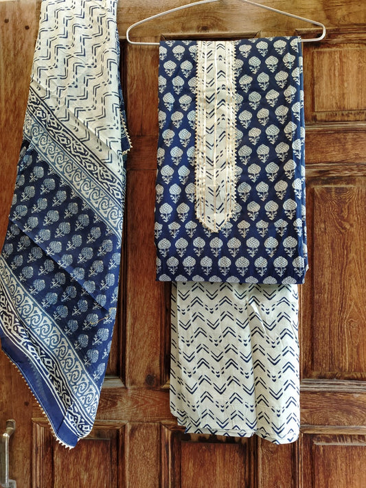 Indigo Small Floral Buti Cotton Hand Block Printed Gota Patti Suits with Cotton Dupatta- JBXGP52