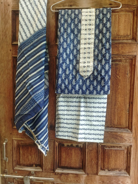 Indigo Cotton Gota Patti HandBlock Printed Suit with Cotton Dupatta- JBXGP48