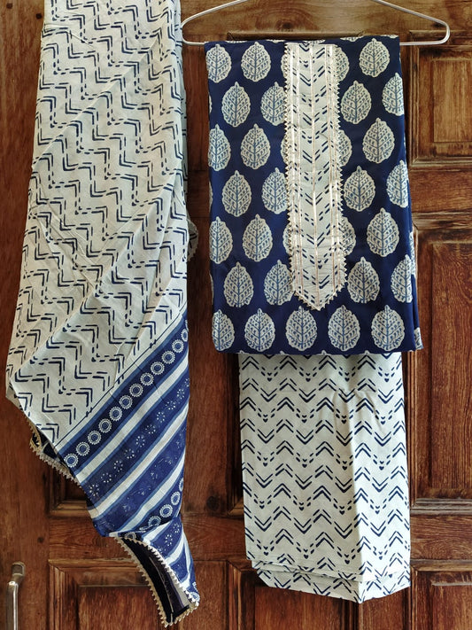Indigo Gota Patti Hand Block Print Cotton Suit with Cotton Dupatta- JBXGP43