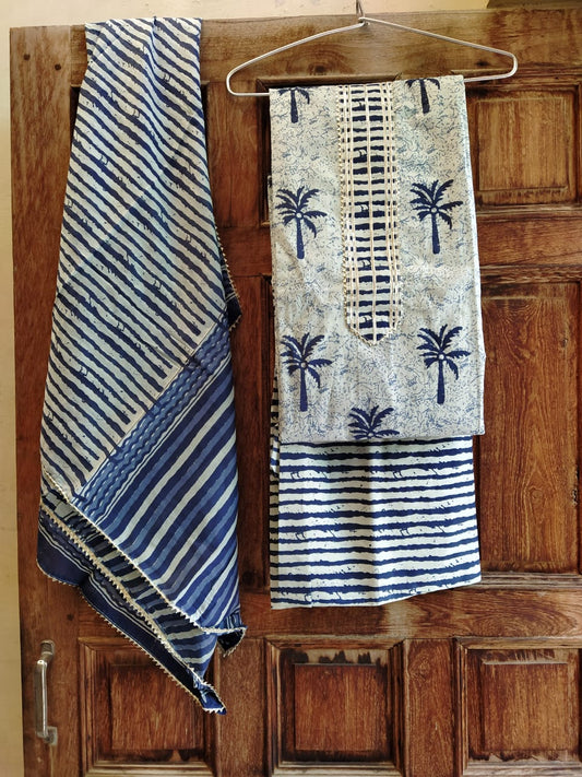 Indigo Gota Patti HandBlock Cotton Suit with Cotton Dupatta- JBXGP40