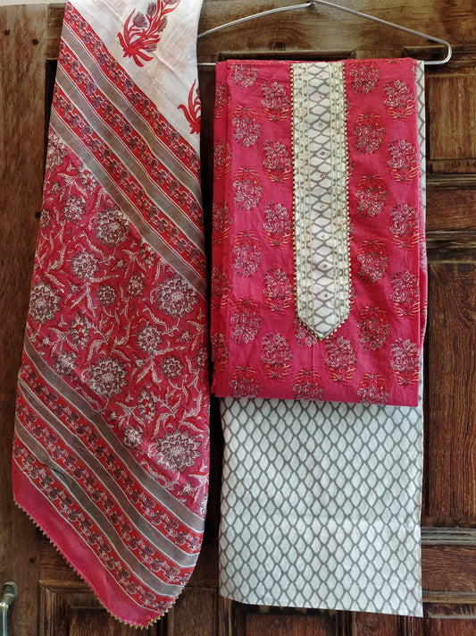 Multi Colored Gota Patti HandBlock Print Cotton Suits with Cotton Dupatta- JBXGP38
