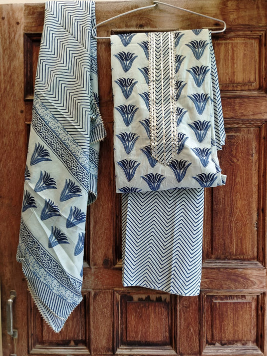 Indigo Gota Patti Hand Block Print Cotton Suits with Cotton Dupatta- JBXGP37
