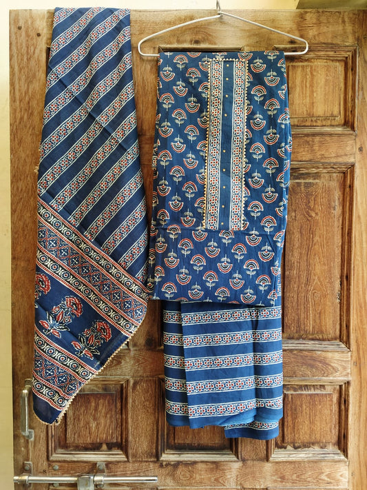 Indigo Gota Patti Hand Block Print Cotton Suits with Cotton Dupatta- JBXGP30