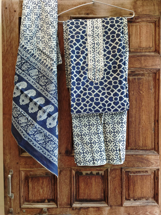 Indigo Gota Patti Block Print Cotton Suits with Cotton Dupatta- JBXGP29