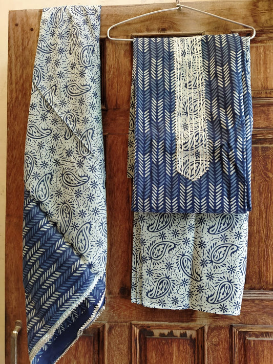 Indigo Gota Patti Block Print Cotton Suit with Cotton Dupatta- JBXGP28