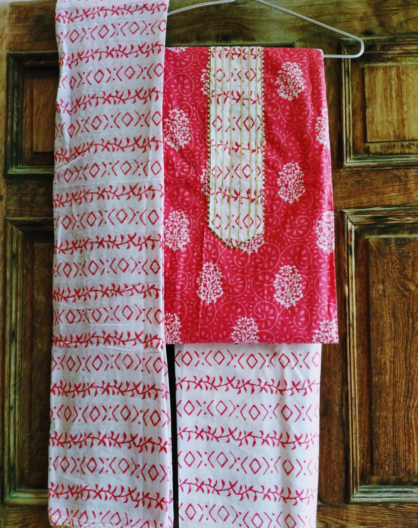 Pink &amp; White Hand Block Printed Cotton Gota Patti Suits with Cotton Dupatta- JBXGP21