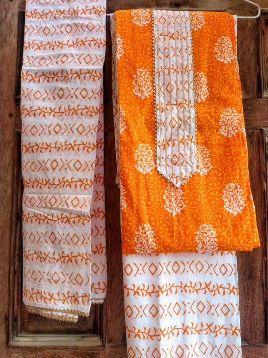 Orange &amp; White Block Printed Cotton Gota Patti Suits with Cotton Dupatta- JBXGP11