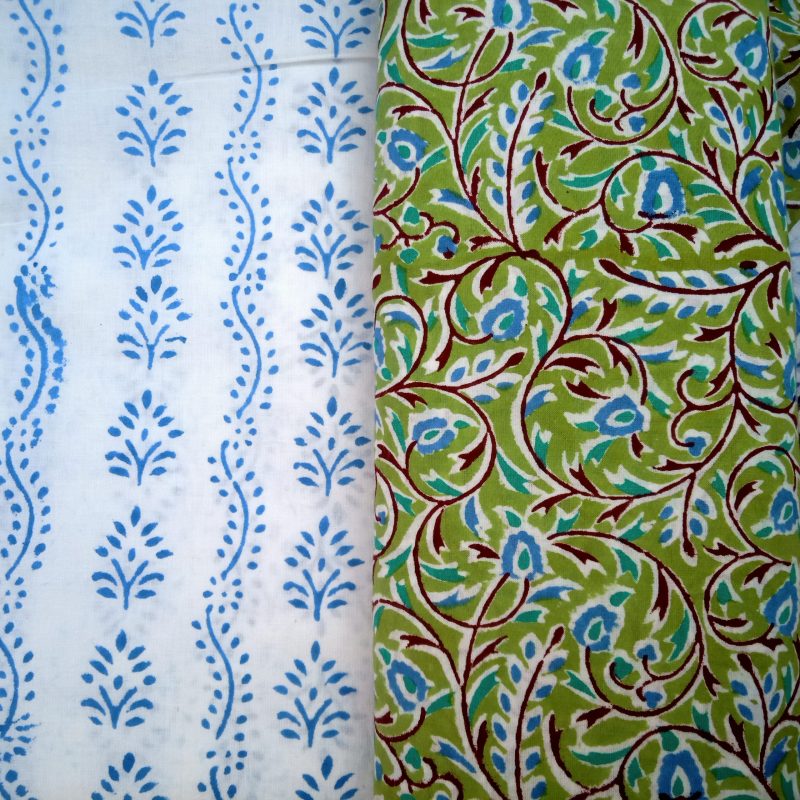 Green Jaal Pattern Jaipuri Unstitched Cotton Hand Block Print Suits with Mulmul Dupatta - JB138