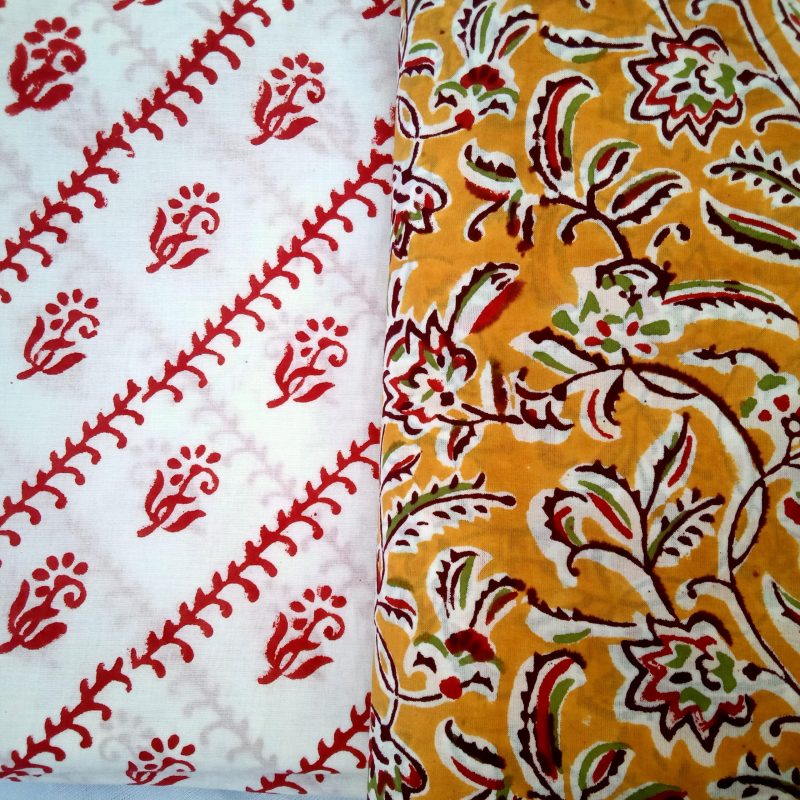 Mustard Jaal Pattern Jaipuri Hand Block Printed Cotton Unstitched Salwar kameez material with Chiffon Dupatta - JB119