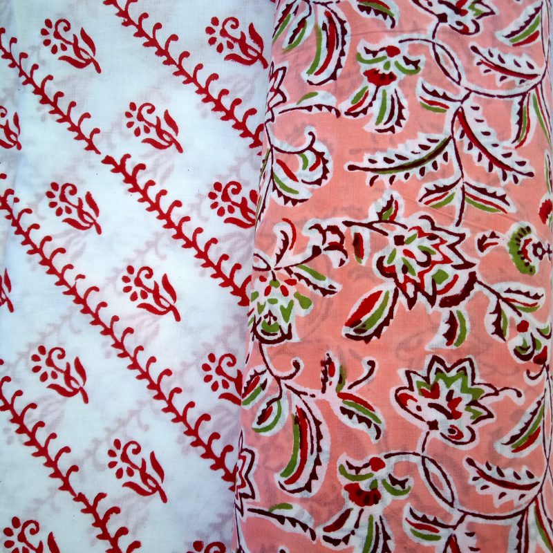 Colorfull Peach Jaal Pattern Block Print Unstitched Salwar Kameez with Chiffon Dupatta - JB118
