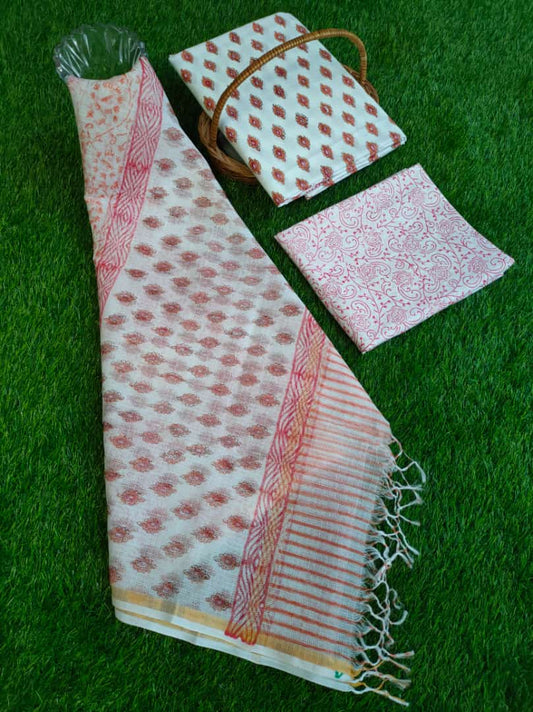 HandBlock Kota Doriya Dupatta With Cotton Top And Bottom Salwar Suit Set - JBKD239