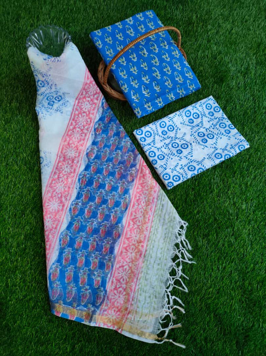 Kota Doriya Dupatta With Hand Block Printed Cotton Top-Bottom Salwar Suit Set - JBKD241