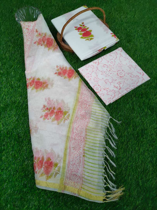 HandBlock Kota Doriya Dupatta With Cotton Top And Bottom Salwar Suit Set - JBKD242