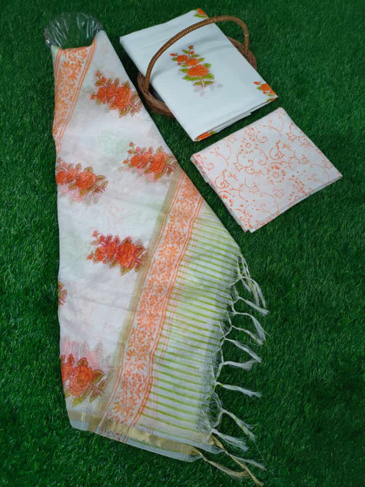 Kota Doriya Dupatta With Hand Block Printed Cotton Top-Bottom Salwar Suit Set - JBKD244
