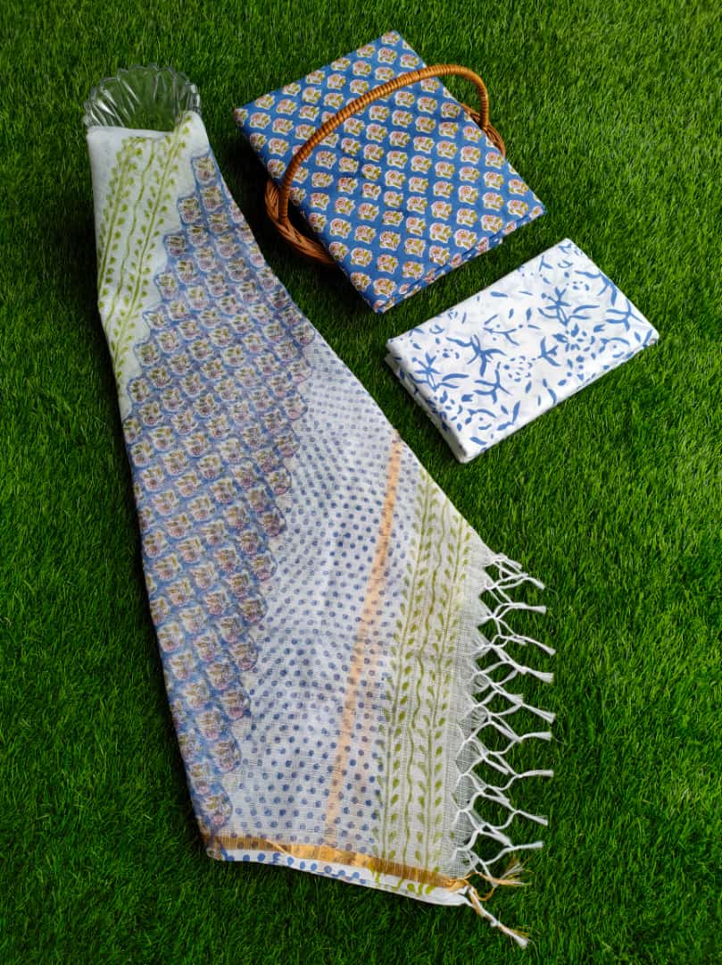 Kota Doriya Dupatta With Hand Block Printed Cotton Top-Bottom Salwar Suit Set - JBKD230