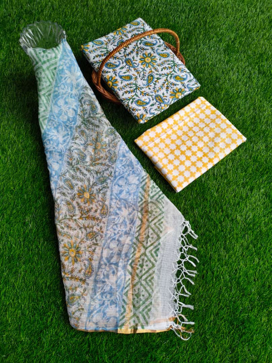 HandBlock Kota Doriya Dupatta With Cotton Top And Bottom Salwar Suit Set - JBKD231
