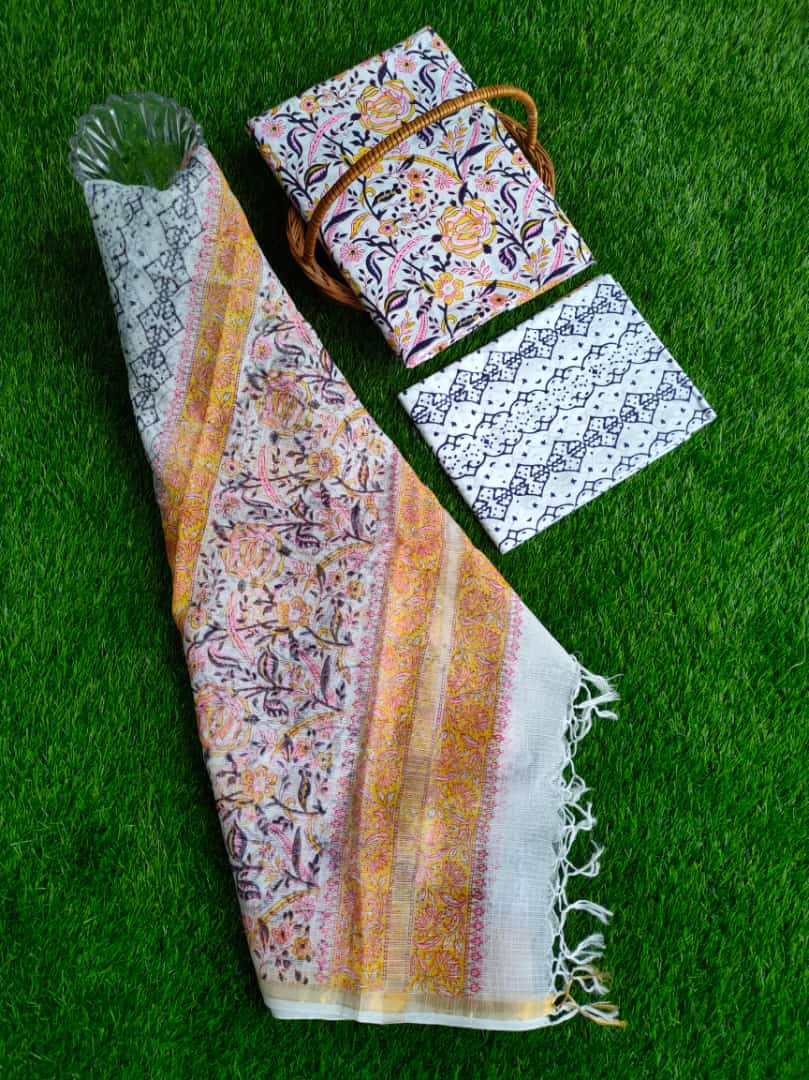 HandBlock Kota Doriya Dupatta With Cotton Top And Bottom Salwar Suit Set - JBKD234