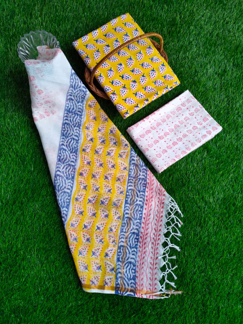 Kota Doriya Dupatta With Hand Block Printed Cotton Top-Bottom Salwar Suit Set - JBKD236