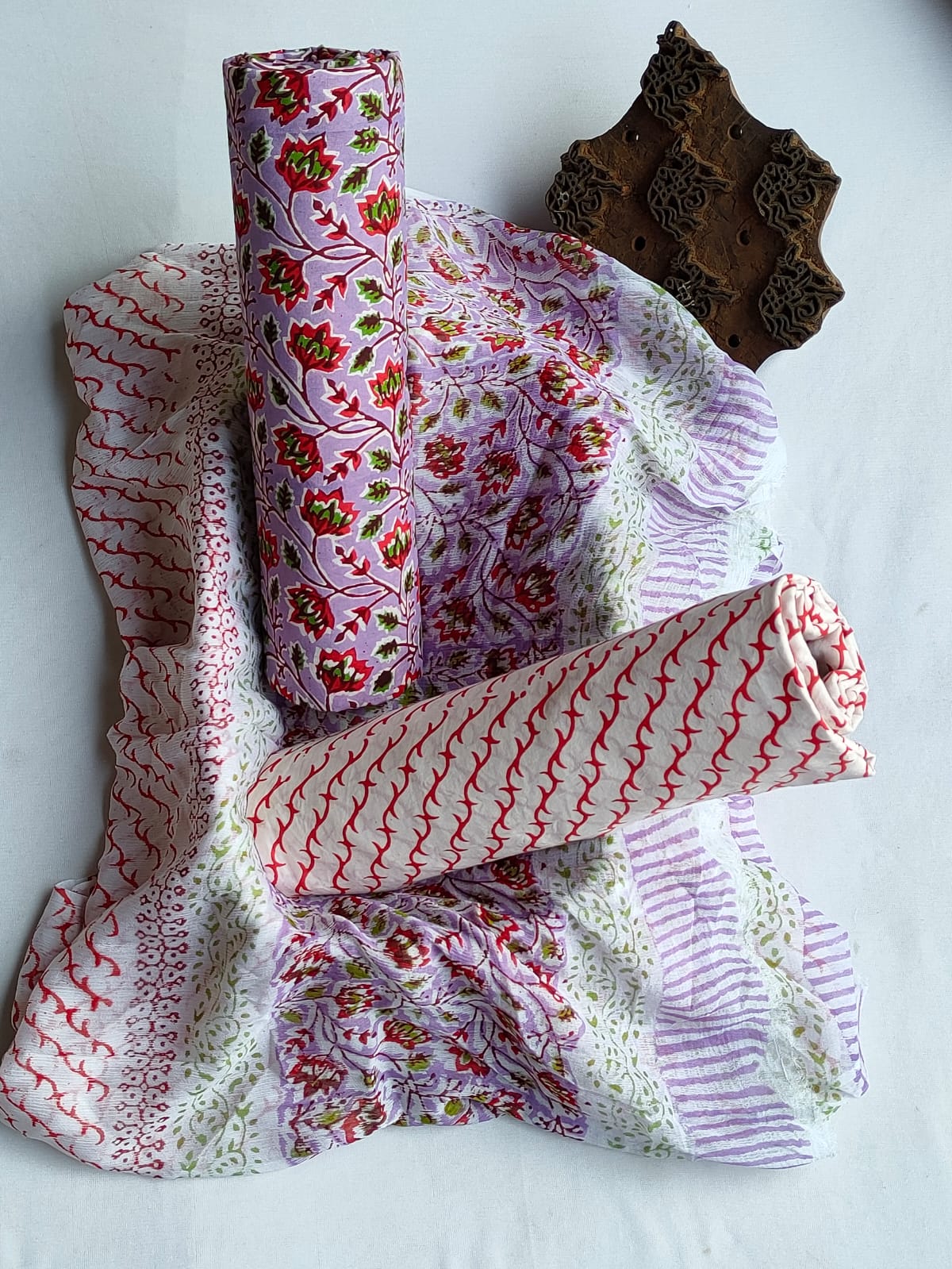 Hand Block Printed Unstitched Cotton Suit Set With Chiffon Dupatta - JBCF797