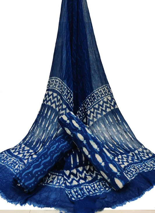 Hand Block Printed Unstitched Cotton Suit Set With Chiffon Dupatta - JBCF896