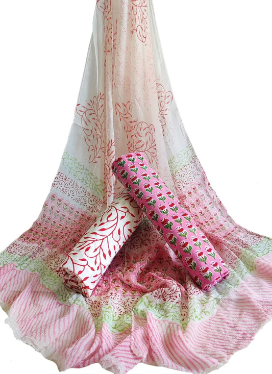Hand Block Printed CottonUnstitched Salwar Suit with Chiffon Dupatta - JBCF900