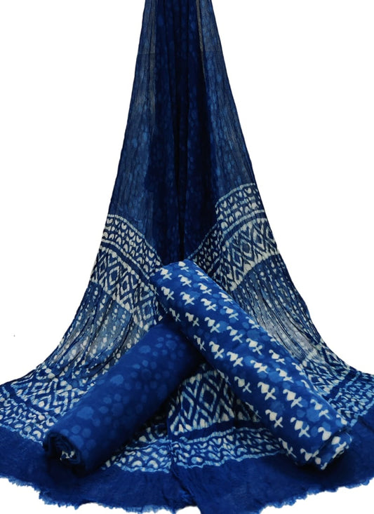 Unstitched Hand Block Printed Cotton Suit With Chiffon Dupatta - JBCF901