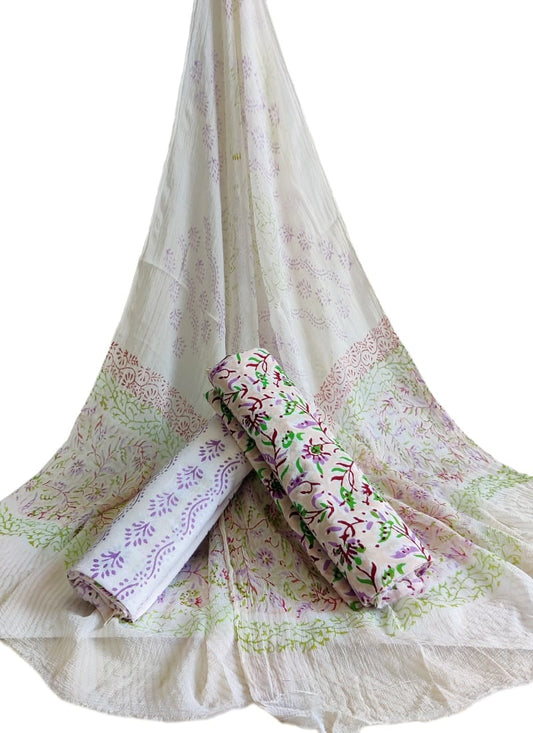 Hand Block Printed Unstitched Cotton Suit Set With Chiffon Dupatta - JBCF902