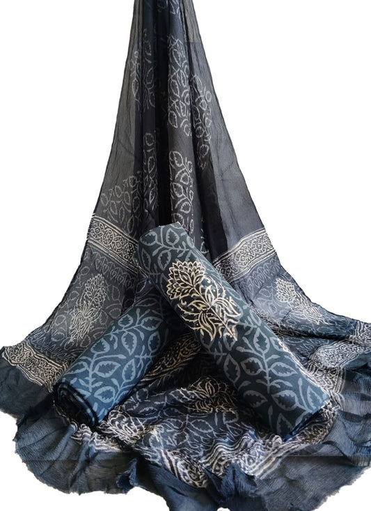 Hand Block Printed CottonUnstitched Salwar Suit with Chiffon Dupatta - JBCF903
