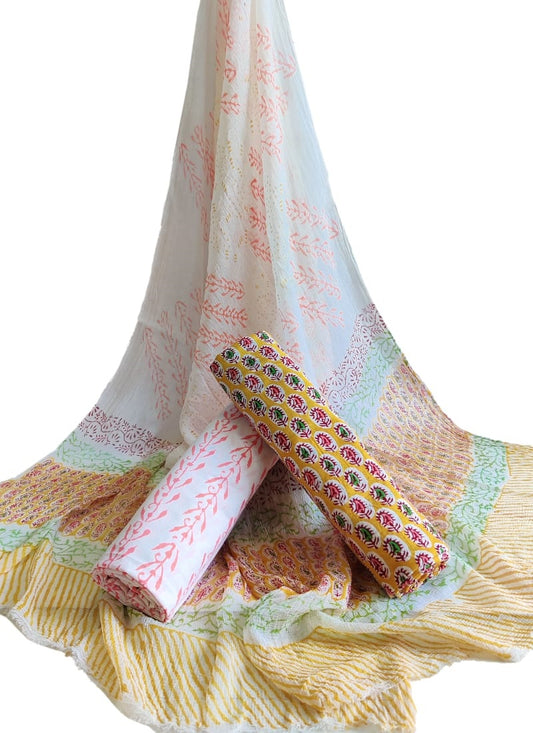 Unstitched Hand Block Printed Cotton Suit With Chiffon Dupatta - JBCF904