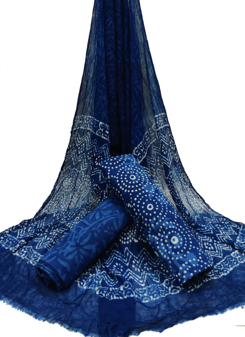 Hand Block Printed Unstitched Cotton Suit Set With Chiffon Dupatta - JBCF908