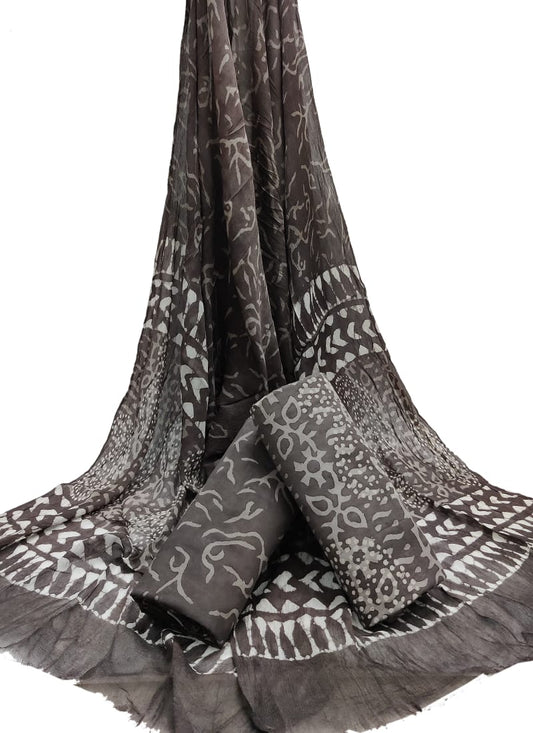 Unstitched Hand Block Printed Cotton Suit With Chiffon Dupatta - JBCF913