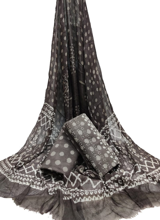 Hand Block Printed Unstitched Cotton Suit Set With Chiffon Dupatta - JBCF914