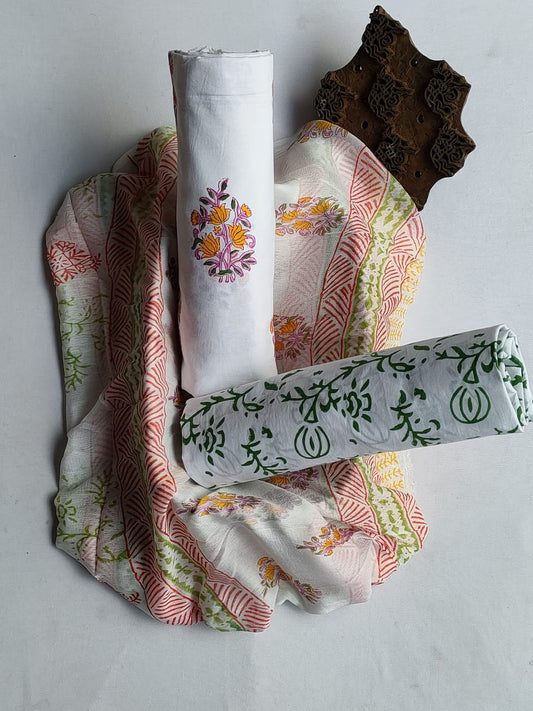 Unstitched Hand Block Printed Cotton Suit With Chiffon Dupatta - JBCF808
