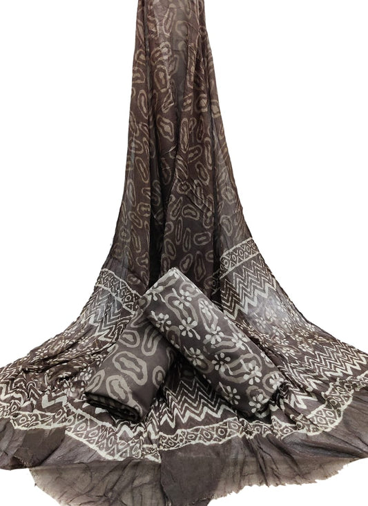 Hand Block Printed Unstitched Cotton Suit Set With Chiffon Dupatta - JBCF917