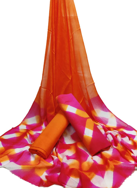 Unstitched Hand Block Printed Cotton Suit With Chiffon Dupatta - JBCF919