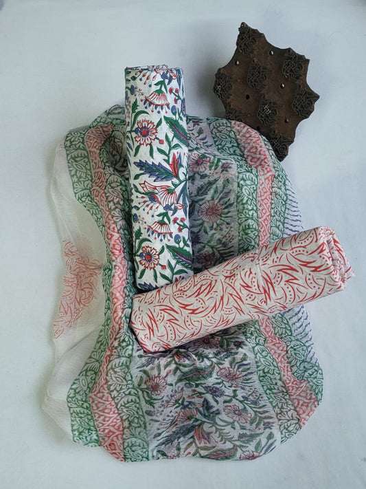 Hand Block Printed Unstitched Cotton Suit Set With Chiffon Dupatta - JBCF809