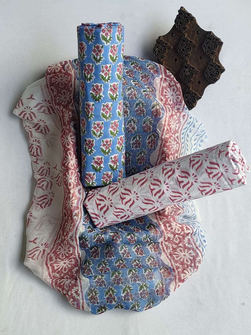 Unstitched Hand Block Printed Cotton Suit With Chiffon Dupatta - JBCF811