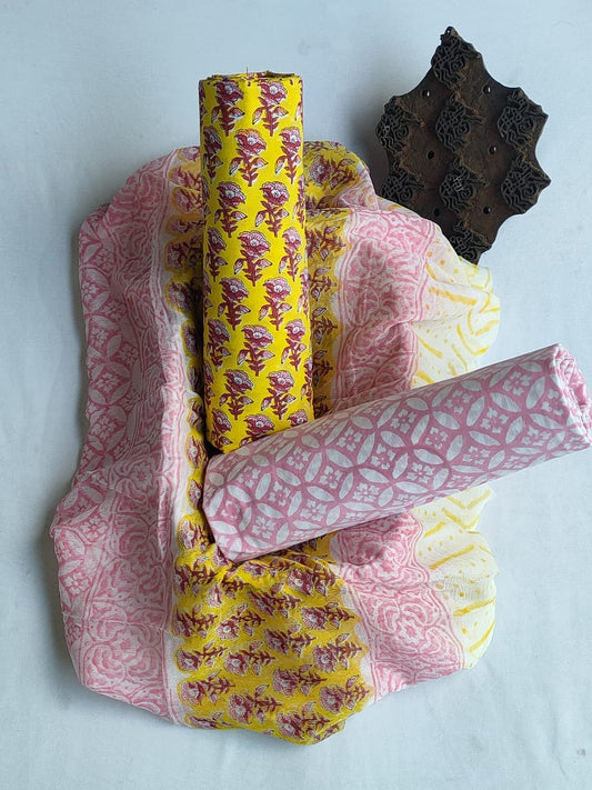 Hand Block Printed Unstitched Cotton Suit Set With Chiffon Dupatta - JBCF812